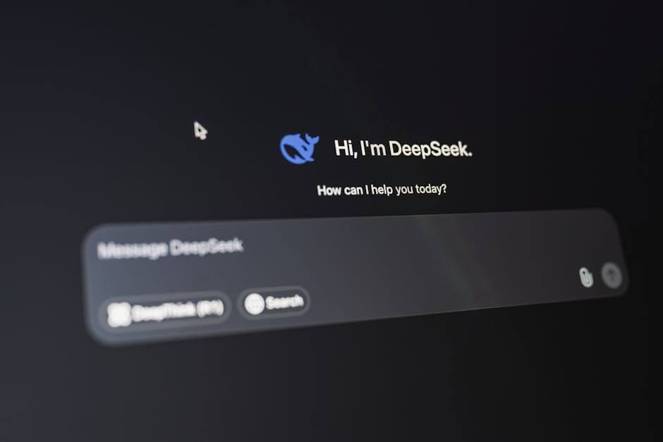 A detailed view of the DeepSeek AI interface, displaying a welcoming message on a dark background.